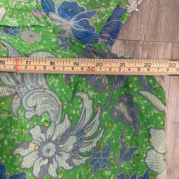 Joie Green Pleat Femme Floral Blouse Cap Sleeves Ruffle Crew Neck size XL - Picture 11 of 13